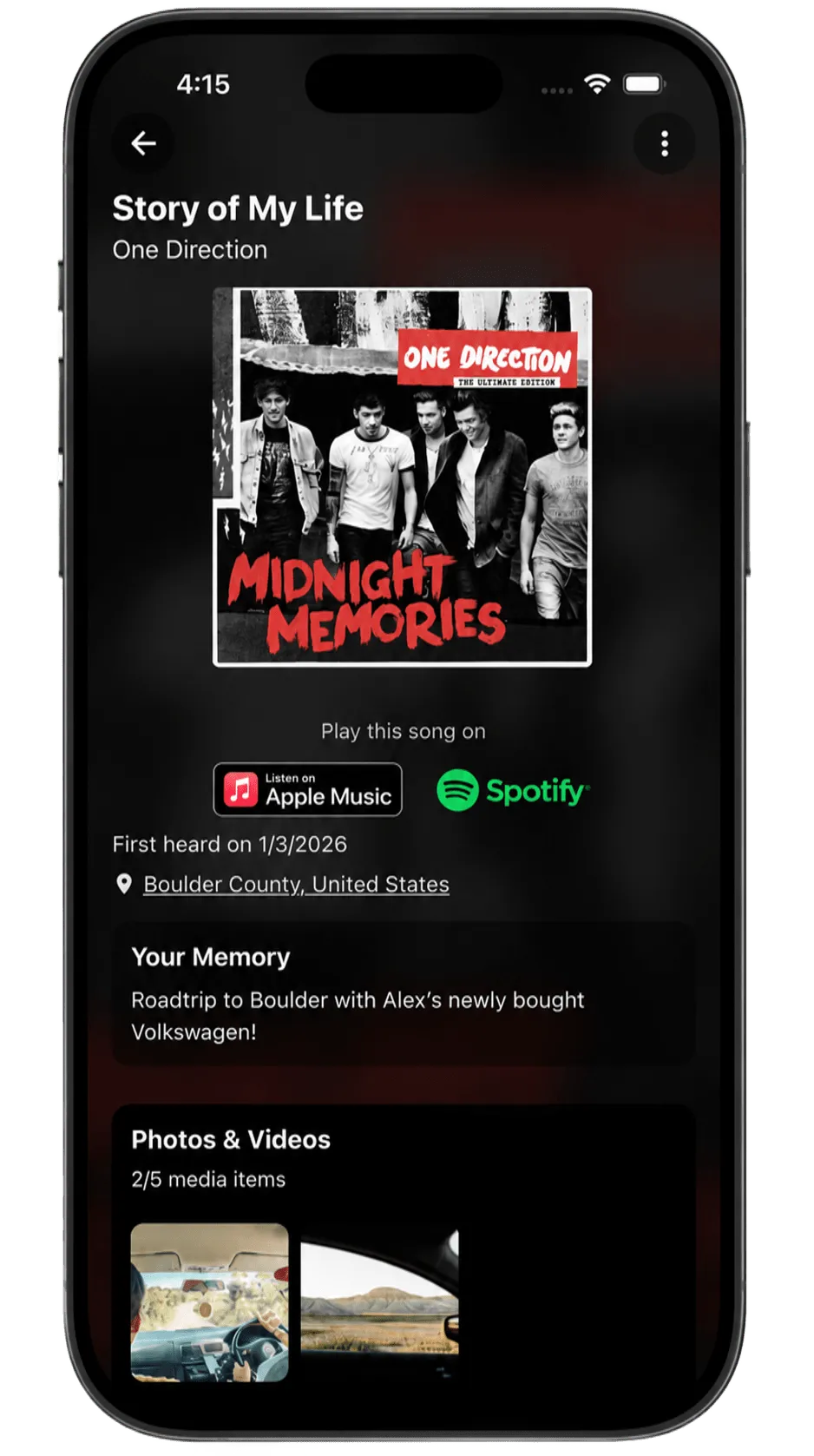 Music Memory entry — a song diary with date, place, and a personal memory